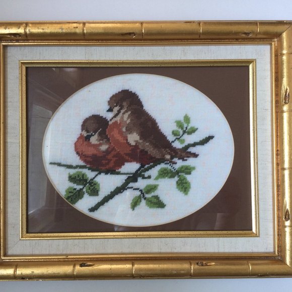 Beautiful needle art needlepoint 2 birds gold tone bamboo looking frame 16" x13" - Picture 1 of 6